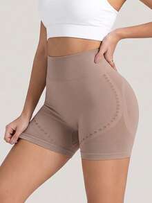 High Waist Shaping Shorts, Mesh Hollow Patchwork, Soft Elastic Fitness Shorts, Suitable For Autumn Fitness And Daily Wear - Apricot - View 7