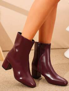 Women's Burgundy Solid Color Faux Leather Ankle Boots, Round Toe, Chunky Heel, Side Zipper, Suitable For Date, Party, Autumn/Winter - Burgundy - View 6