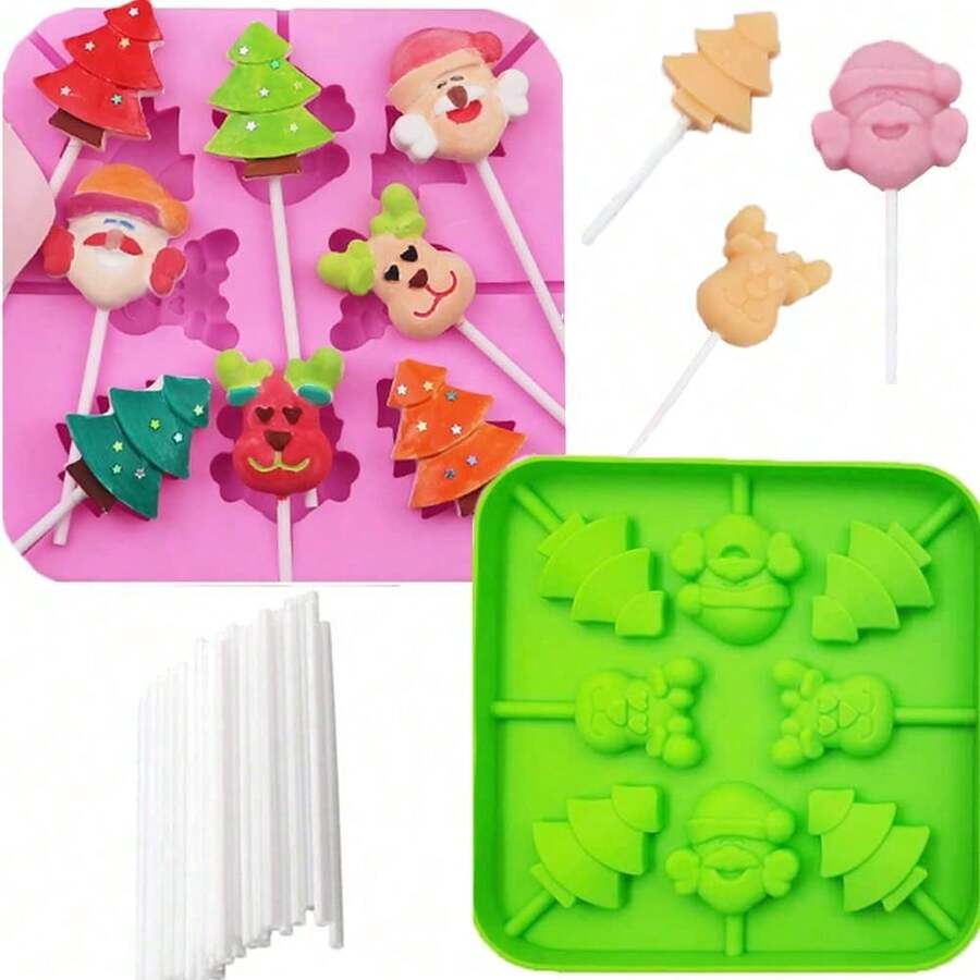 1pc Christmas Lollipop Mold 8-Cavity Silicone Lollipop Mold Chocolate Hard Candy Mold With Santa Claus, Christmas Tree, Reindeer Patterns, Includes 20 Lollipop Sticks - Multicolor - View 1
