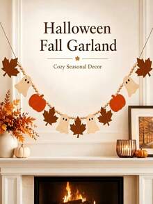 2m Felt Halloween & Autumn Hanging Banner, Assemblable, Fireplace & Door Frame Holiday Decor, Reusable, Maple Leaf, Pumpkin, Little Ghost, DIY Festive Atmosphere, Dual-Use Halloween & Autumn Felt Banner, Storable & Reusable - one-size - View 5