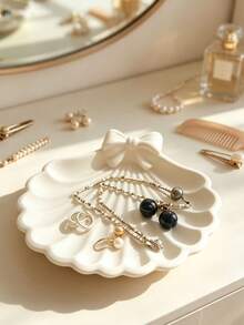 1pc Cream White Bowknot Ceramic Jewelry Tray, Ruffled Edge Decorative Trinket Dish, Tabletop Ring Necklace Earring Storage Holder - Multicolor - View 5