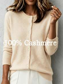 Women's 100% Cashmere Long Sleeve Cardigan Sweater, Round Neck Ribbed Front Button Up Outerwear, Soft & Lightweight, Suitable For Autumn/Winter Casual Fashion - Apricot - View 4