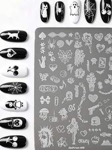 1Pc Gothic Style Nail Stamp Plate 3D Mixed Halloween Snake Bat Black Cat Ghost Skull Pattern Nail Printing Template Reusable Stainless Steel Nail Transfer Tool For DIY Manicure Decorations - Multicolor - View 2