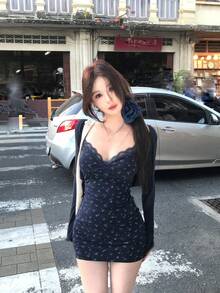 Sexy Lace Ditsy Floral Spaghetti Strap Dress, Fitted Atmosphere Dress For Women - Picture Color - View 5