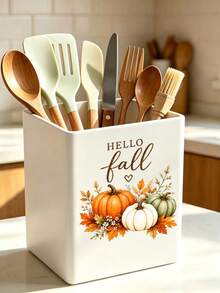 1pc "HELLO FALL" Multi-Function Storage Organizer Box - Cutlery Holder, Desktop Organizer (Suitable For Storing Cutlery, Straws, Tea Bags, Pens, Remote Controls); Compact And Space-Saving, Suitable For Kitchen, Office, Living Room, Halloween Gift - Multicolor - View 1