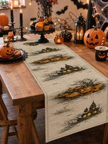 1pc Halloween Linen Table Runner, Vintage Gothic Rectangular Table Decor With Haunted House, Pumpkin, Bat And Bare Tree Print, Farmhouse Tabletop Decoration For Halloween Party, Kitchen And Home - Multicolor - View 9