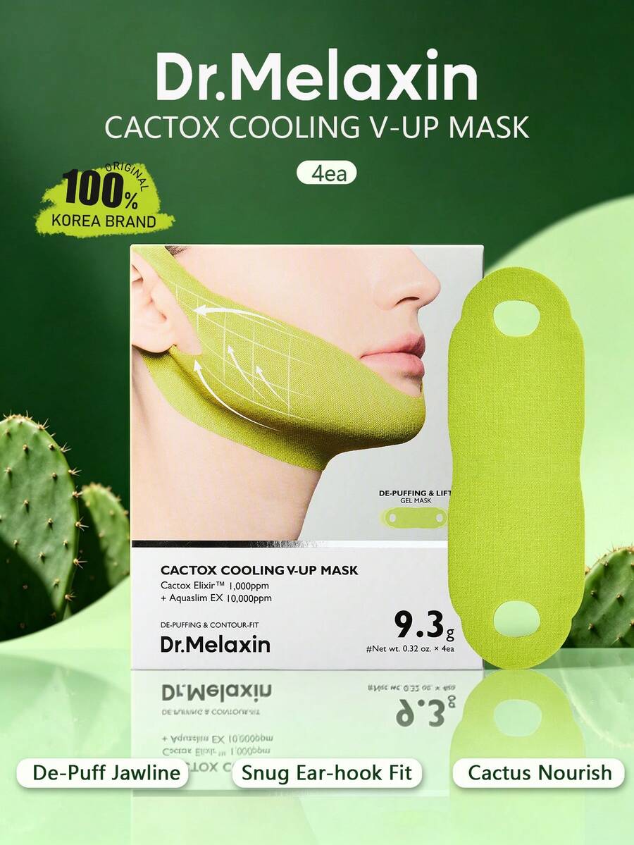 Dr.Melaxin Cactox 冷感 V-UP 面膜 4入，冷感 V 型提拉水凝膠面膜，定義下顎線並消腫，仙人掌萃取與咖啡因，保濕緊緻，彈性提拉帶，適合特殊場合準備，K-Beauty 韓系美妝，禮品