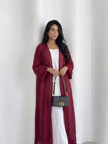 Modest Women's Long Robe Abaya Outerwear Cardigan Shiny Silk Dress (Headscarf Not Included) - Red - View 5