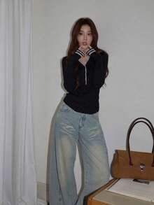 Korean Style Contrast Color Button Long Sleeve Top Women Autumn/Winter Design Slim Fit Flattering Versatile Knit Sweater - Black - View 4