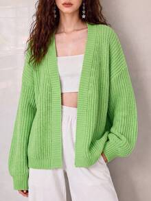 Women's Autumn/Winter Casual Minimalist Solid Color Loose V-Neck Cardigan Jacket - Green - View 4