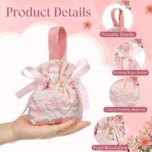 10/20/2/1pc Floral Pattern Pearl Gift Bag, Pink Canvas Pearl Gift Bag With Handle, Tea Party Lucky Bag, Wholesale Gift Bag, Mini Drawstring Party Gift Bag, Christmas Gift Filler Bag, Suitable For Christmas, Halloween, Birthday, Picnic, Wedding, Autumn, Thanksgiving, Easter, Spring Or Summer Party, Bridal Shower, Birthday, Wedding, Christmas And Other Occasions, Wedding Party Favor Bag, Christmas, Halloween, Holiday Party Decoration Bag - Multiple Styles - View 6