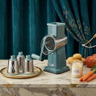Rotary Cheese Grater, 3‑in‑1 Hand Crank Vegetable Slicer, Manual Kitchen Shredder for Carrot, Potato, Cucumber, Easy‑Clean Veggie Cutter with 3 Interchangeable Blades