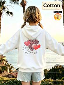 2026 Autumn/Winter Girls' Custom Loose White Hoodie, Leopard Print And Red Gradient Heart Pattern, Letter Print, Casual Cute Style - White - View 3