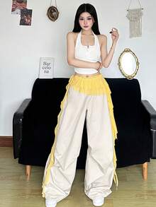 Top Dazzle Women's Elegant Asymmetric Ruffle Waist Belt Skirt, Semi-Sheer Short Knit Fabric - Yellow - View 4