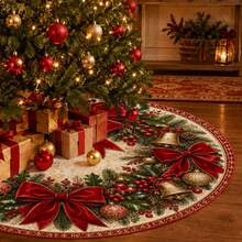 1 buah Alas Pohon Natal Bermotif, Dekorasi Liburan Warna Elegan, 5 Ukuran, Hadiah Liburan Unisex, Cocok untuk Dekorasi Rumah dan Pesta Natal - Karangan bunga pita merah beludru vintage - View 5