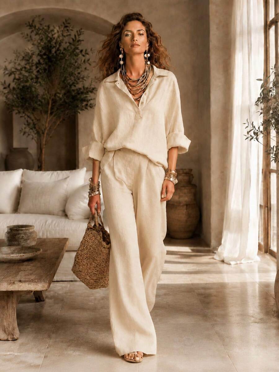 Women's Butter Yellow Textured 2 Pieces Pants Set, Relaxed Collared Half-Button Top & Wide-Leg Trousers, Elegant Casual Early Fall Outfit - Apricot - View 1