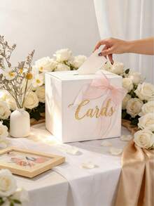1組優雅白色金箔「Cards」婚禮卡片盒，附粉色歐根紗蝴蝶結，裝飾性許願卡盒，適用於婚禮接待、新娘派對、生日派對、畢業典禮、週年紀念與節日慶祝 - 風格A - 查看 3