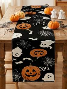 1pc Halloween Linen Table Runner, Black Gothic Rectangular Table Decor With Pumpkin, Ghost, Spider Web, Bat And Boo Print, Spooky Fall Tabletop Decoration For Halloween Party, Kitchen And Home - Multicolor - View 11