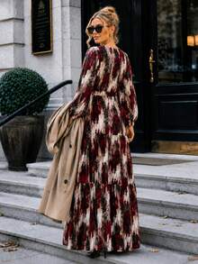 Plus Size Navy Blue Abstract Print Tie-Waist Maxi Dress With Long Sleeve - Red - View 4