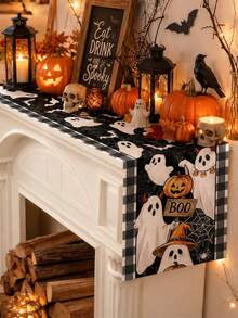 1件裝萬聖節幽靈Boo桌旗，黑色亞麻材質，白色幽靈蝙蝠與水牛格紋邊框，農舍風恐怖餐廳裝飾，適用於廚房、萬聖節派對、萬聖節派對用品、秋季家居裝飾 - 彩色 - 查看 3