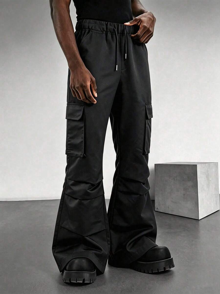 Men's Black Loose Fit Flared Cargo Pants With Multiple Pockets, Versatile Long Pants For Fitness, Hiking, Streetwear, Summer - Black - View 1