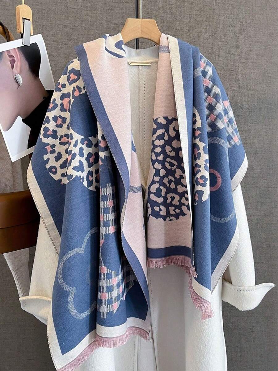 1件女款雙面圍巾,冬季雙用途冷氣房披肩,長款加厚保暖日常百搭頸圍 - 彩色 - 查看 1