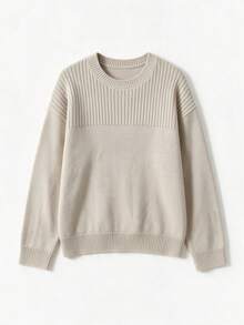 Women's Fall Winter Oatmeal Ribbed Chest Panel Crew Neck Long Sleeve Knit Sweater, Drop Shoulder Oversized Slouchy Casual Office Daily Commute Wear - Oatmeal Color - View 6