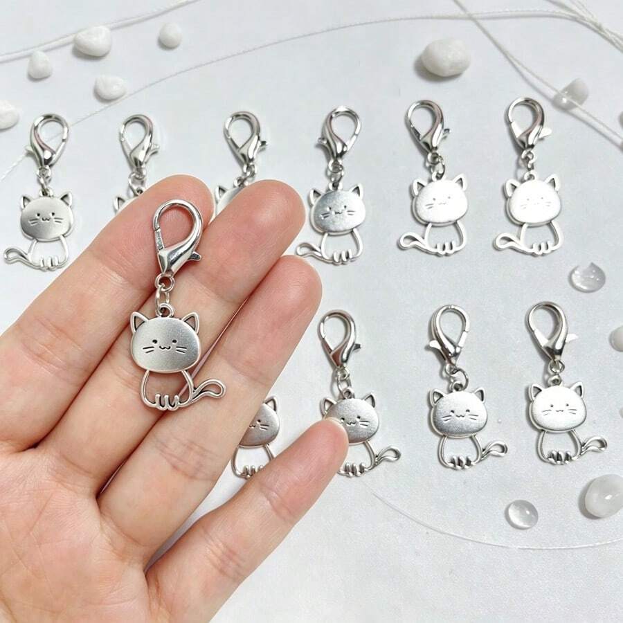 10pcs, Silvery Cute Mini Cat Pendant Keychain With Lobster Clasp, Retro Keychain Backpack Hanging Pendant, Bag Charms For Women Daily Use, Decoration - Multicolor - View 1
