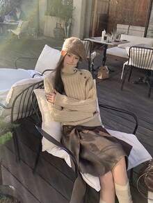 Rok A-Line Cokelat Wanita, Rok Gaya Mewah Musim Gugur/Dingin - Coklat - View 9
