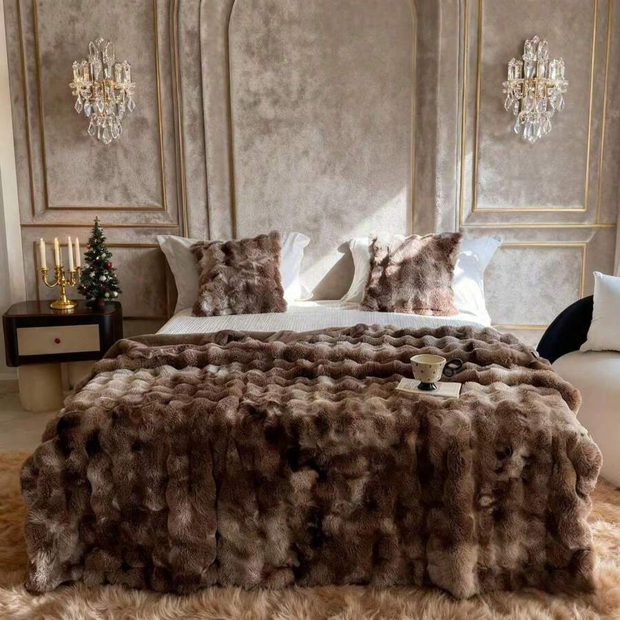 1pc Tie-Dye Faux Rabbit Fur Bubble Fleece Thickened Warm Blanket, 3D Bubble Fleece Texture, Soft Touch Temperature Lock Warmth, Suitable For Home Cold-Sensitive People, Soft Decor Enthusiasts, Sofa Movie Watching Throw, Bedroom Bedding Layer - Tie-dye Coffee - View 1