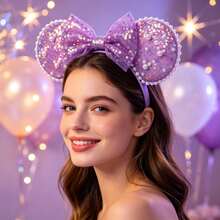 Disney 4Pcs Mouse Ear Headbands, Pearl Trim Glitter Sequin Bow Hair Hoop Set For Theme Park, Holiday & Cosplay Event - Multicolor - View 5