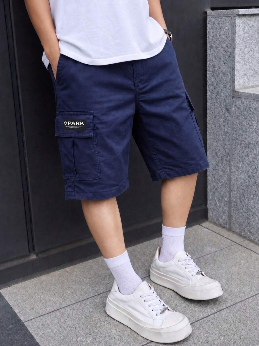 1件装 男童休闲夏季运动户外口袋时尚英文Logo工装短裤，春/秋季 - 藏蓝色 - 查看 1