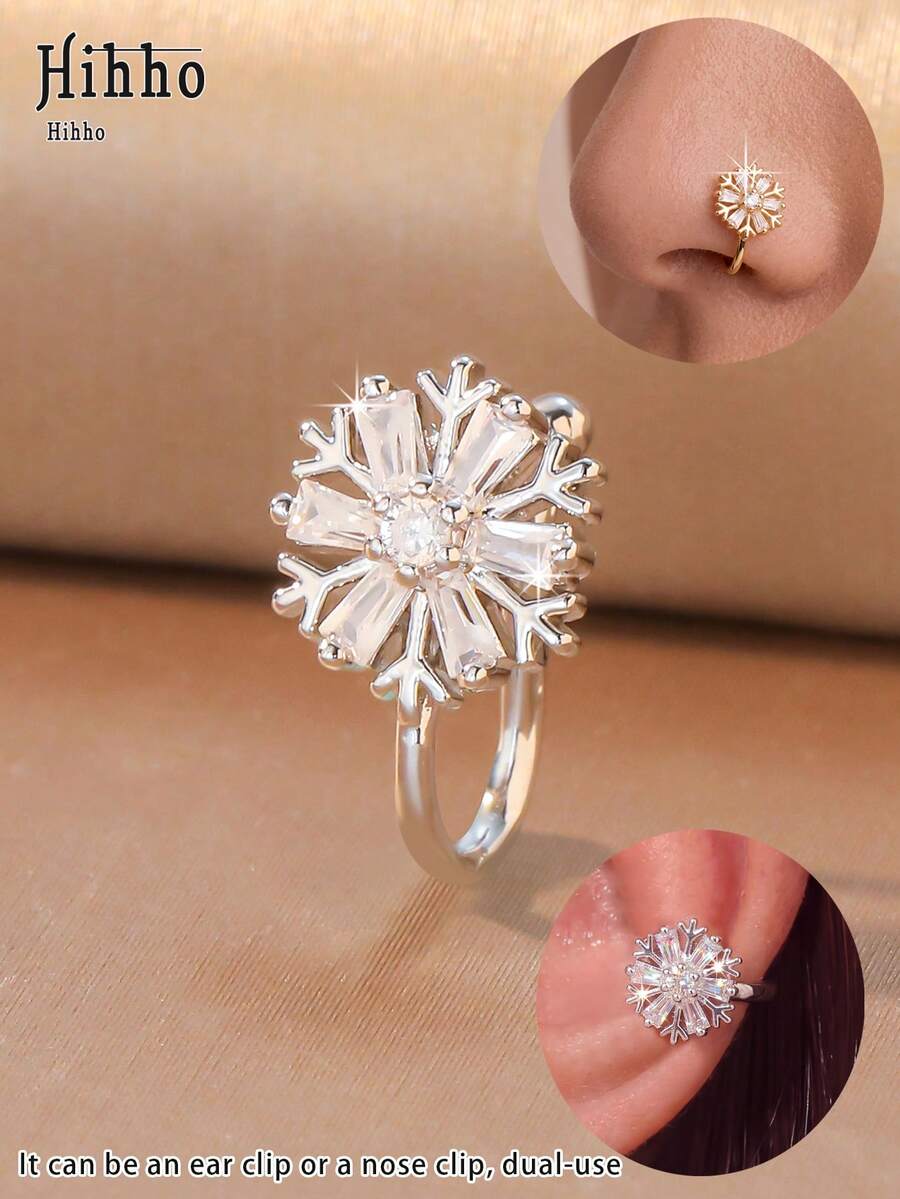 Hihho 1pc Snowflake Design Dual-Use Clip, Can Be Used As Ear Cuff Or Nose Clip, Gold And Silver Colors Available, Snowflake Outline With Square Zirconia, Exquisite Dreamy Style Suitable For Party, Holiday, Daily Personalized Outfit, Christmas Gift - Snowflake - View 1
