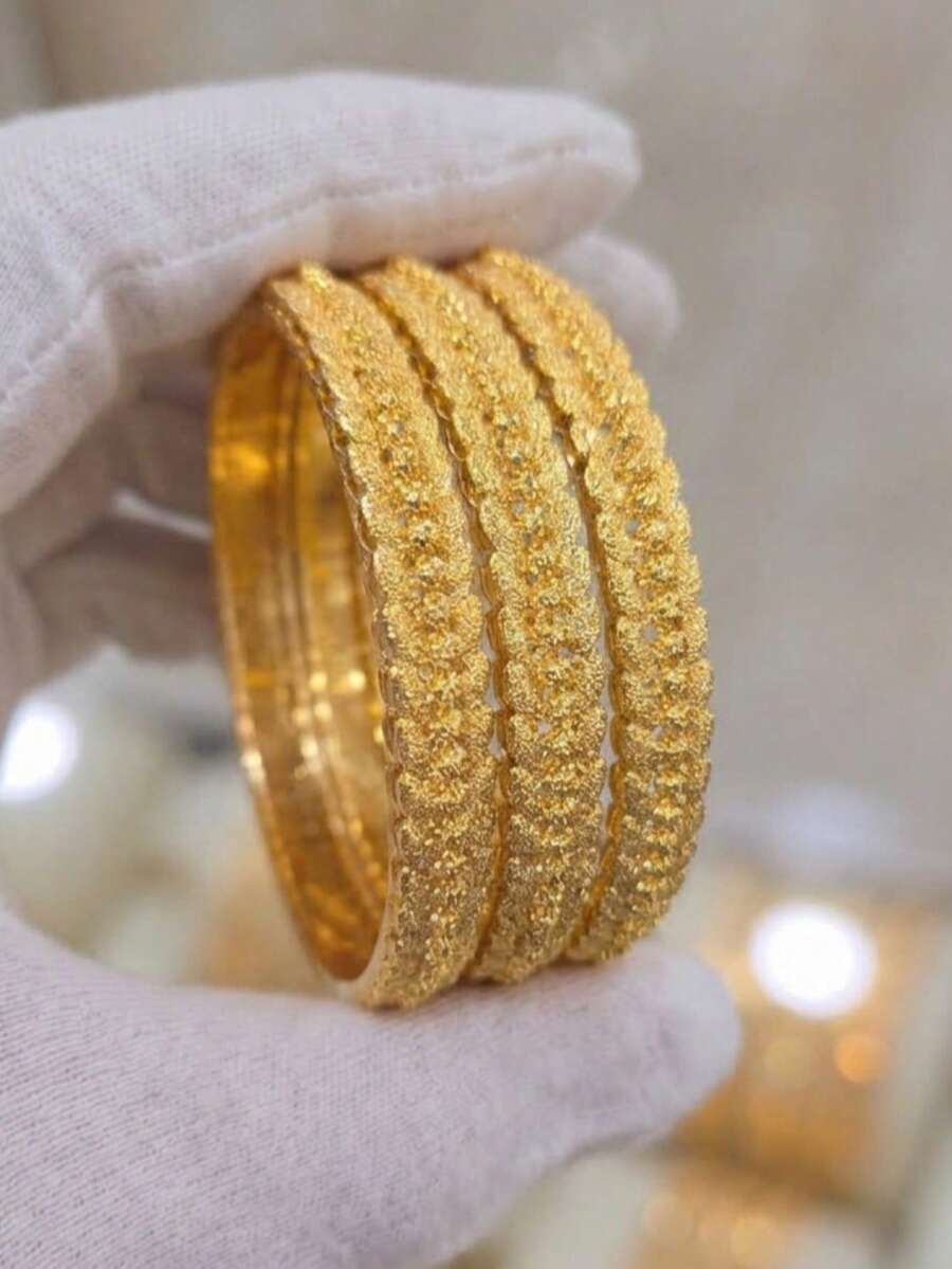 4Pcs 24K Gold Plated Open Bangle Set, Rust-Resistant Gold Alternative Frosted Sandblasted Scalloped Lace Edge Adjustable Metal Solid Bracelet - 01 - View 1