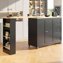 360 °   Swivelling Dining Table (138-209 X 39 X 106) On Castors, Bar Table, Black, With Three Drawers And Snack Rack, Multifunctional Storage Island, Suitable Kitchen And Living Room. - Black + MDF - View 2