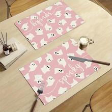 1/4/6pcs Halloween Series Pink Sweet & Cool Cute Ghost Pattern Printed Placemats, Heat Resistant Table Protector For Home Kitchen, Dining Table, Party Decor - Multicolor - View 10