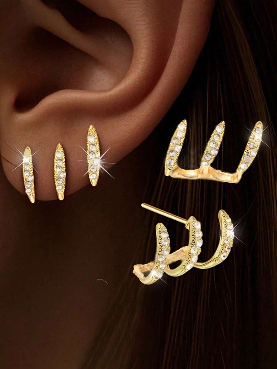 2pcs New Diamond Inlaid Minimalist Design Layered Curved Earrings For Women - Gold - View 1