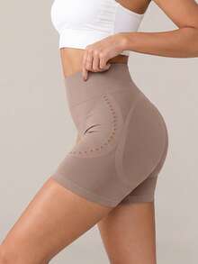 High Waist Shaping Shorts, Mesh Hollow Patchwork, Soft Elastic Fitness Shorts, Suitable For Autumn Fitness And Daily Wear - Apricot - View 6