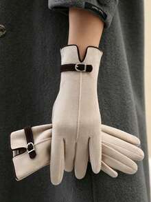 1 Pair Contrast Color Casual Polyester Fiber (Polyester) Snap Button Warm Gloves, Daily Winter Wear, Touchscreen Compatible, One Size, Multiple Colors Available - A - View 3