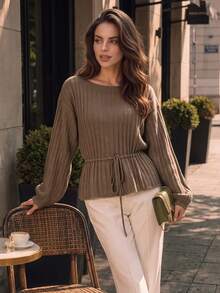 Sweater Rajut Bergaris Cokelat Musim Gugur Model Off Shoulder untuk Wanita, Pinggang Bertali, Lengan Lentera, Atasan Rajut Lembut Longgar, Pakaian Kasual Sehari-hari di Musim Gugur - Coklat - View 8
