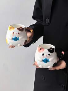 1pc "Cat Catching Fish" Ceramic Coffee Mug, Healing Style Original Hand-Painted Calico Cat Cup, Highly Attractive Water Cup, Cute Design, Suitable For Coffee, Tea, Holiday Gift, Birthday Gift - Multicolor - View 3