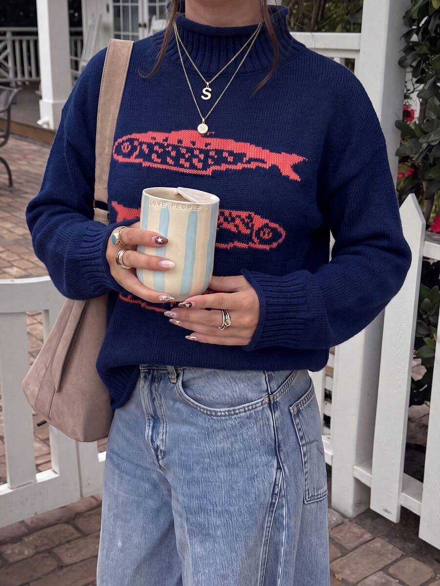 1pc Women's Fish Pattern Rolled Collar Dropped Shoulder Knit Sweater, Vintage Loose Pullover Knit Top, Suitable For Daily Wear, Beach, Weekend Outings - Navy Blue - View 1