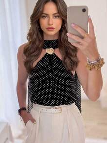 QIANZHIDU ELVA Women's Autumn Backless Small Stand Collar With Long Ribbon Sleeveless Polka Dot Tank Top, Suitable For Back To School Party, Date, Vacation, Commute - Black - View 11