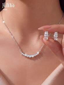 Hihho 3pcs/Set Luxury Sparkling Necklace & Earring Set, Women's Jewelry Suitable For Commute, Date, Party, Gathering - Round Zirconium - View 2