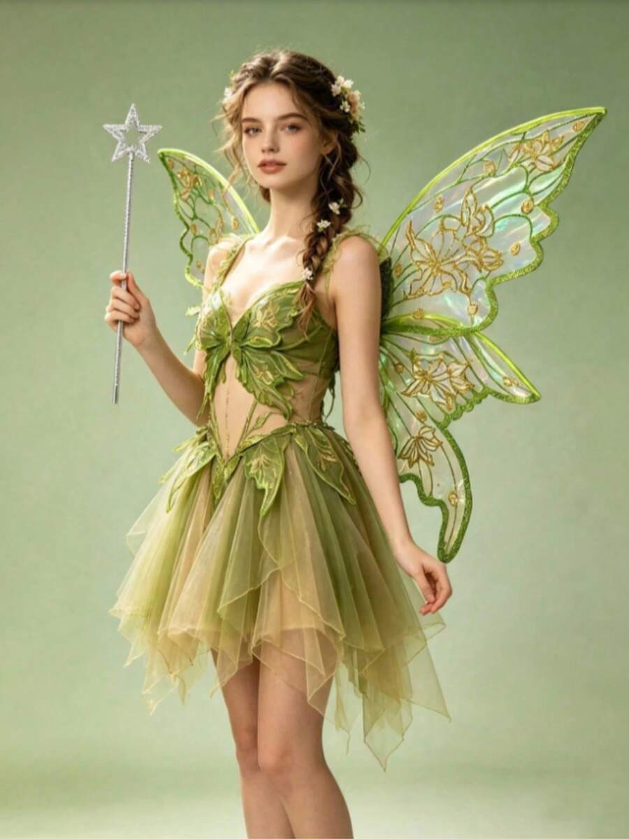 2pcs Adult Gold Foil Printed Fairy Wings, Elf Wings, Dynamic Wings, Holiday Party, Halloween, Carnival, Dance Performance, Costume Props, Outdoor Photography - Multicolor - View 1