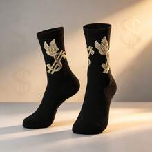 2 Pairs Dollar Wing Pattern Mid-Calf Socks, Black & Gold Colorway, Eye-Catching Design, Skin-Friendly Comfortable Material, Street Style Versatile Fashion Item - Black - View 2