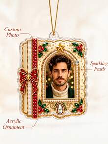 Personalized Custom Photo DIY 3D Pearl Painting Acrylic Christmas Ornament, Customizable Photo Frame Pendant With Sparkling Rhinestones, Holly Star Bow Design, Christmas Tree Hanging Decoration For Home Holiday Winter Decor, Unique Christmas Gift For Pet Lovers, Family And Friends - Multicolor - View 6