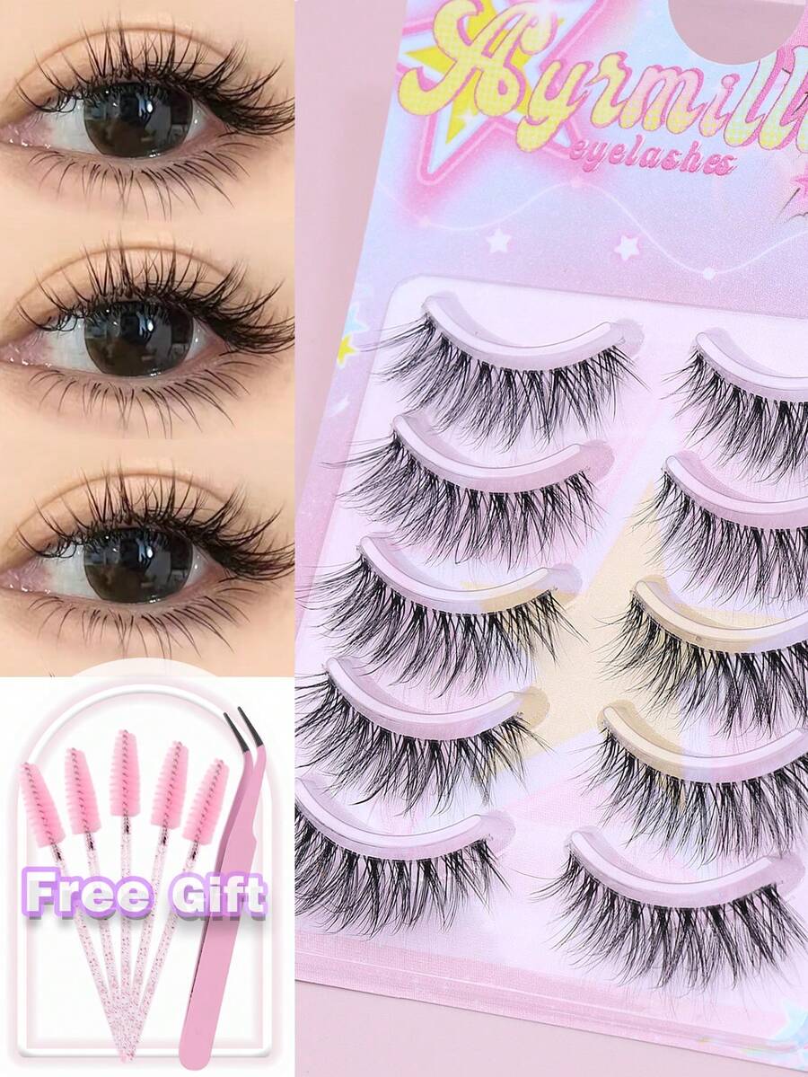 5 Pairs Of Natural Slender False Eyelashes, Light And Slender Full Eyelashes, Soft And Breathable Eyelash Bundles, Comfortable Daily Use False Eyelashes, Suitable For Beginners' Daily Eyelashes, Dating And Sweet Casual Makeup - Black - View 1