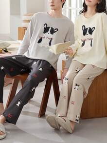 2pcs/Set Men's Pajamas Loungewear Set, Couple Style Pullover Round Neck Cute Animal Print Minimalist Long Sleeve Long Pants, Easy Care Fabric - Grey - View 1