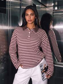 Women's Casual Cotton Striped Contrast Lapel Button Long Sleeve Loose T-Shirt For Fall/Winter Daily,Fall Winter Clothes,Winter Fall Outfit,Going Out - Pink and Brown - View 6
